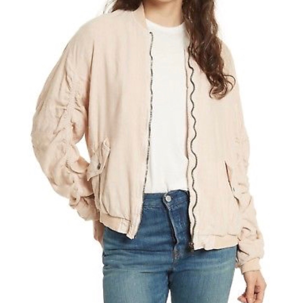 Free People Ruched Linen Blend  Bomber Jacket